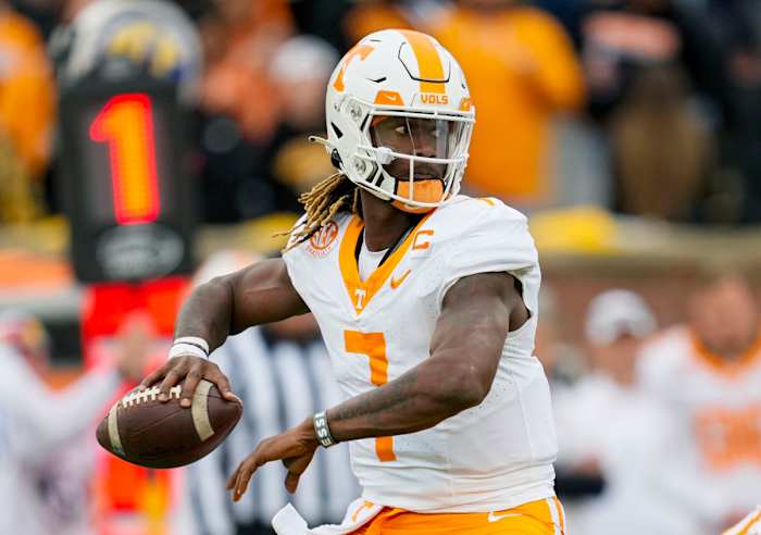 Tennessee Volunteers QB Joe Milton III during the loss to Missouri. (Photo by Jay Biggerstaff of USA Today Sports)