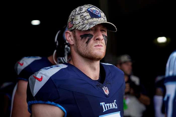 Tennessee Titans quarterback Will Levis (8) prepares to head out to the field before a game against the Tampa Bay Buccaneers.