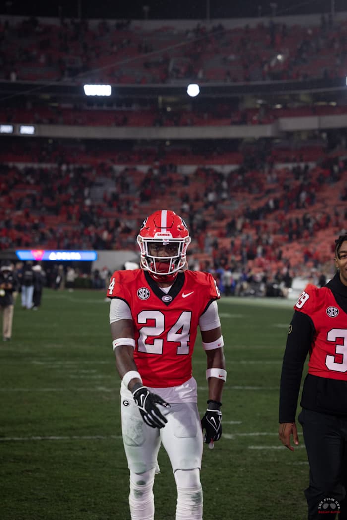 Georgia Bulldogs safety Malaki Starks (24) struts out of Sanford Stadium after defeating Ole Miss. (Brooks Austin / Dawgs Daily).