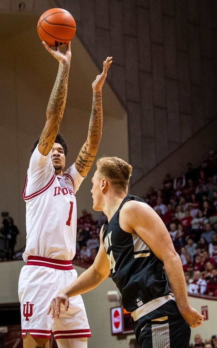 Indiana's Kel'el Ware (1) shoots over Army's Charlie Peterson (34) during the first half of the Indiana versus Army men's basketball game.