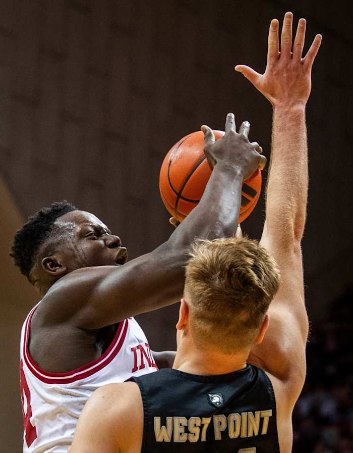Indiana's Payton Sparks (24) shoots over Army's Charlie Peterson (34) during the first half of the Indiana versus Army men's basketball game at Simon Skjodt Assembly Hall.
