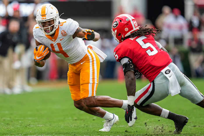 Former Tennessee Volunteers WR Cedric Tillman making a move on a Georgia defender during the 2022 loss. (Photo by Dale Zanine of USA Today Sports)