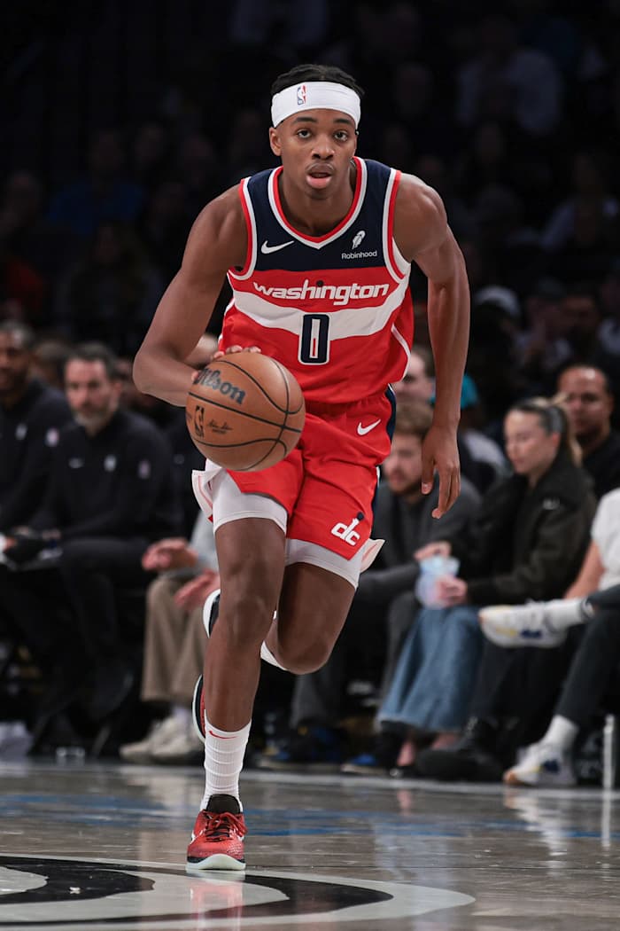 Washington Wizards guard Bilal Coulibaly (0) dribbles up court during the second half against the Brooklyn Nets at Barclays Center.