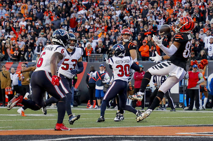 Nov 12, 2023; Cincinnati, Ohio, USA; Cincinnati Bengals wide receiver Tyler Boyd (83) attempts to catch a pass against the Houston Texans in the second half at Paycor Stadium. , tyler boyd drop