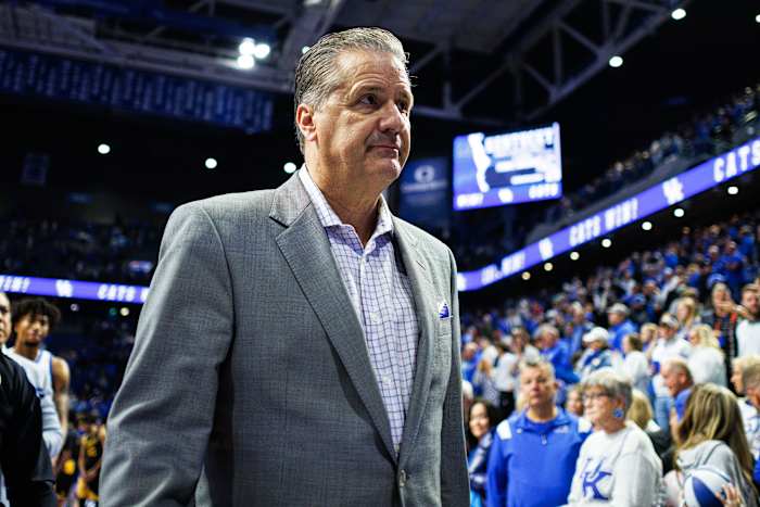 Nov 10, 2023; Lexington, Kentucky, USA; Kentucky Wildcats head coach John Calipari walks off the court after the game against the Texas A&M Commerce Lions at Rupp Arena at Central Bank Center. Mandatory Credit: Jordan Prather-USA TODAY Sports