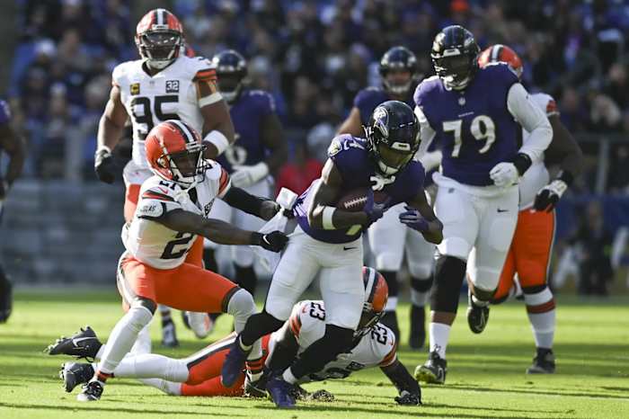 Zay Flowers led the Baltimore Ravens in receiving against the Cleveland Browns with five catches for 73 yards.