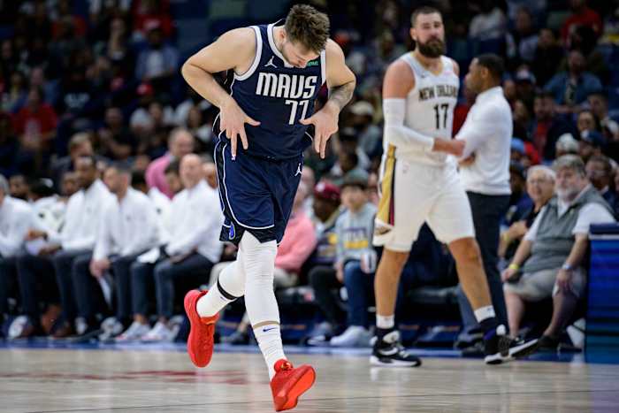 Dallas Mavericks superstar Luka Doncic celebrating after a big shot.