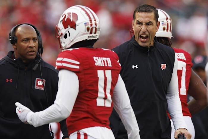 Nov 11, 2023; Madison, Wisconsin, USA; Wisconsin Badgers head coach Luke Fickell reacts following an Northwestern Wildcats touchdown during the second quarter at Camp Randall Stadium. Mandatory Credit: Jeff Hanisch-USA TODAY Sports
