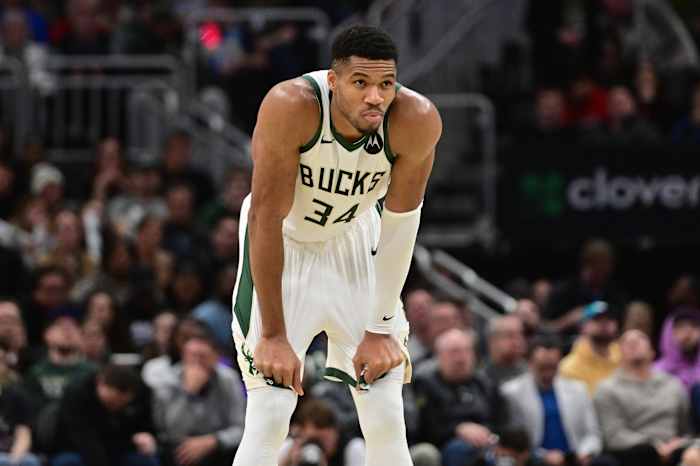 Milwaukee Bucks forward Giannis Antetokounmpo (34) looks on