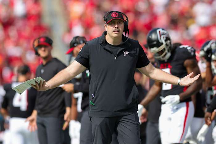 Oct 22, 2023; Tampa, Florida, USA; Atlanta Falcons head coach Arthur Smith reacts after a call by the officiating crew during a game against the Tampa Bay Buccaneers in the fourth quarter at Raymond James Stadium.