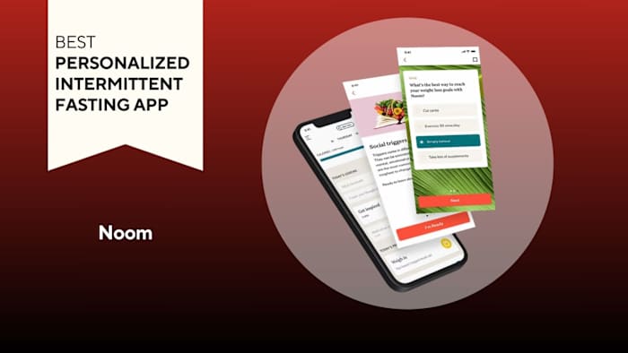 Image of an iPhone with the Noom app on screen against a red background.