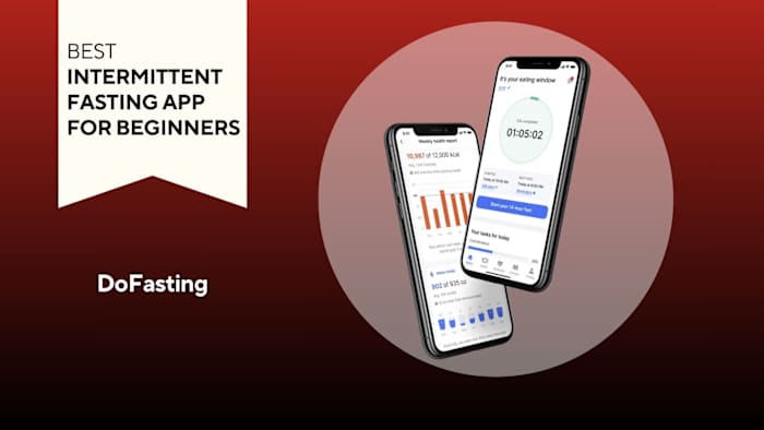 Image of two iPhones with the DoFasting app on the screen against a red background.