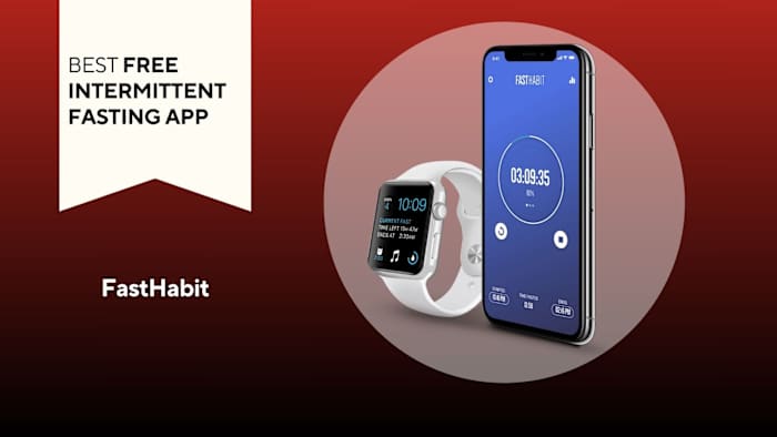 Image of an Apple Watch and an iPhone with the FastHabit app on the screen against a red background.