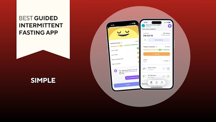 Image of two iPhones with the SIMPLE app on the screen against a red background.