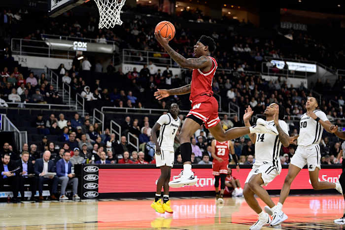 Nov 14, 2023; Providence, Rhode Island, USA; Wisconsin Badgers guard AJ Storr (2) goes for a lay up during the second half against the Providence Friars at Amica Mutual Pavilion. Mandatory Credit: Eric Canha-USA TODAY Sports