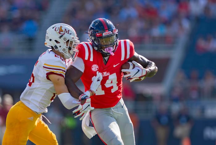 Oct 6, 2018; Oxford, MS, USA; Ole Miss Rebels receiver DK Metcalf makes a contested catch against the Louisiana Monroe Warhawks.