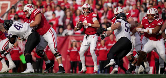 Nov 11, 2023; Madison, Wisconsin, USA; Wisconsin Badgers quarterback Tanner Mordecai (8) looks for a receiver against the Northwestern Wildcats during the first quarter at Camp Randall Stadium. Mandatory Credit: Mark Hoffman-USA TODAY Sports