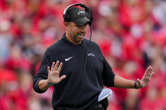 Oct 14, 2023; Cincinnati, Ohio, USA; Iowa State Cyclones head coach Matt Campbell reacts as he stands on the field against the Cincinnati Bearcats in the first half at Nippert Stadium. Mandatory Credit: Aaron Doster-USA TODAY Sports