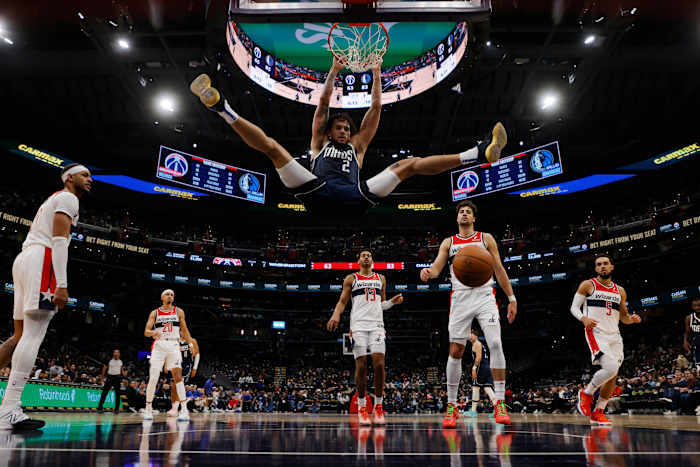 Dallas Mavericks rookie Dereck Lively II finishes off a massive dunk vs. the Washington Wizards.
