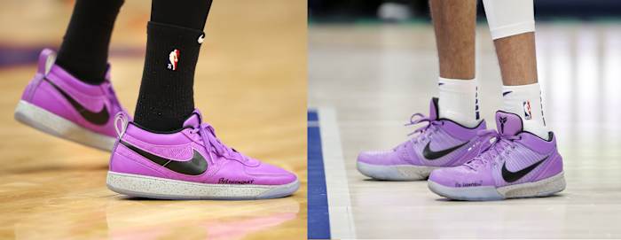 Side view of Devin Booker's purple and black Nike sneakers.