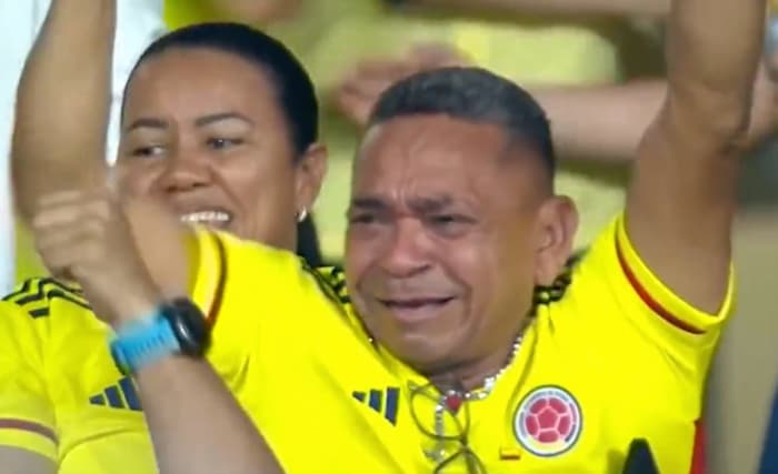 The father of Luis Diaz pictured celebrating after watching his son score for Colombia against Brazil in November 2023