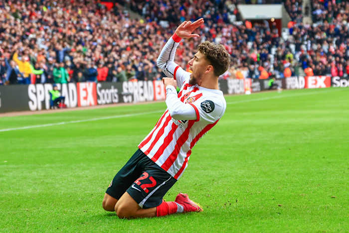 Adil Aouchiche celebrates first Sunderland goal