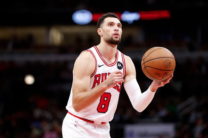 Nov 6, 2023; Chicago, Illinois, USA; Chicago Bulls guard Zach LaVine (8) shoots a free throw against the Utah Jazz during the second half at United Center.