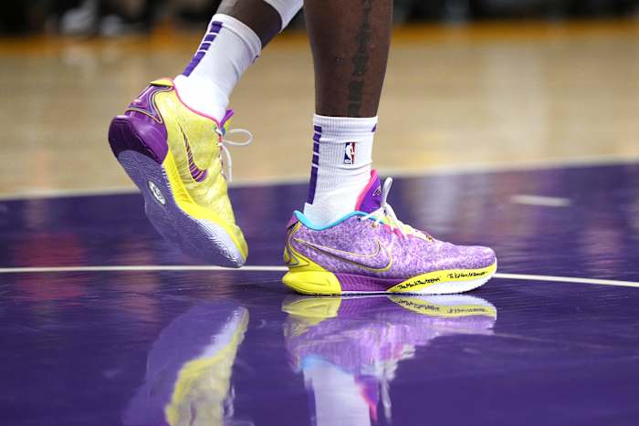 Los Angeles Lakers forward LeBron James' purple and gold Nike sneakers.