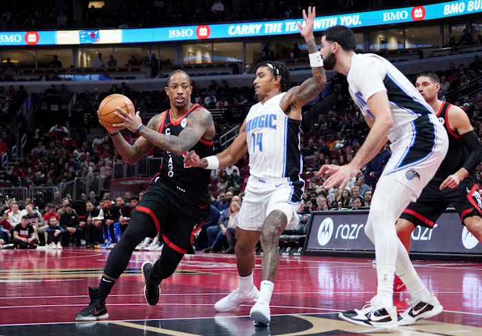 Gary Harris plays defense against DeMar DeRozan in a ____ win over the Chicago Bulls in the In-Season Tournament.