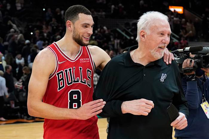 Chicago Bulls guard Zach LaVine (8) shares laughs with San Antonio Spurs head coach Gregg Popovich after the game at AT&T Center.