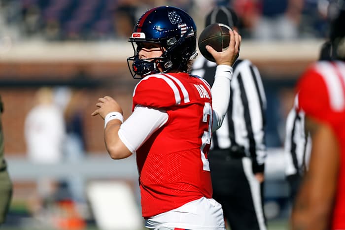 Ole Miss Rebels Jaxson Dart warms up prior to kickoff