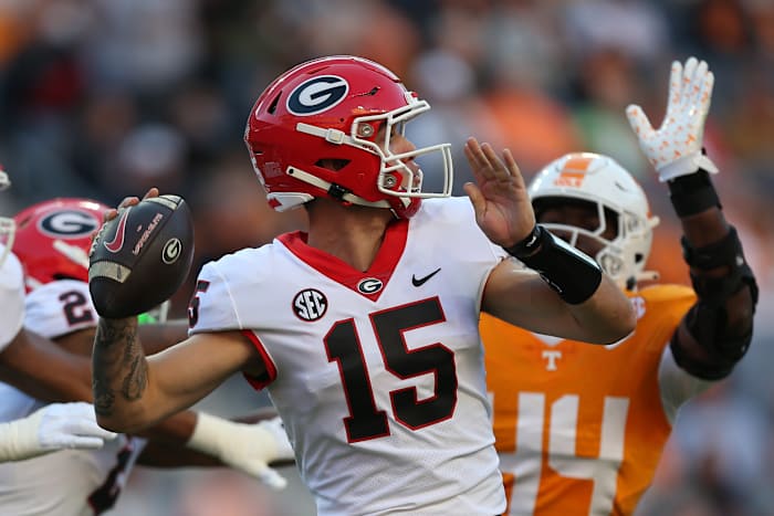Georgia Bulldogs QB Carson Beck during their win over Tennessee. (Photo by Randy Sartin of USA Today Sports)