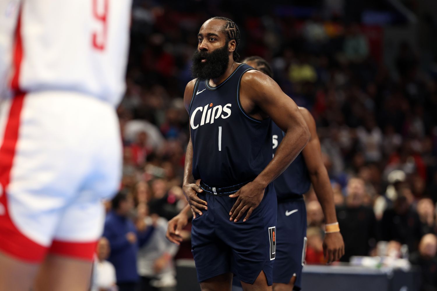 Clippers guard James Harden reacts after making a game winning three-point basket during the fourth quarter against the Houston Rockets.