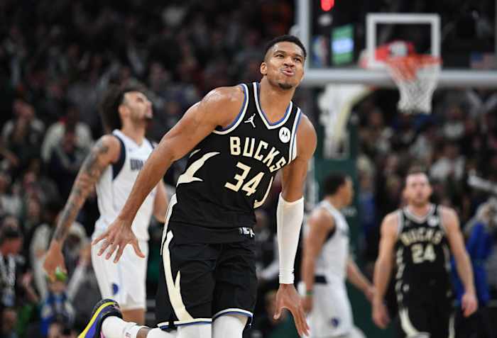 November 18, 2023; Milwaukee Bucks forward Giannis Antetokounmpo celebrates after scoring a basket against the Dallas Mavericks at Fiserv Forum