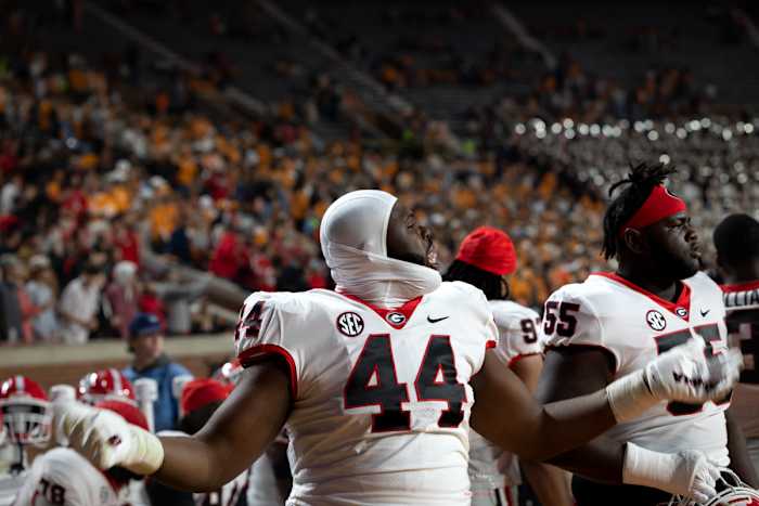 Georgia Bulldogs DT Jordan Hall (44) takes in the rowdy crowd noise of Neyland Stadium during the Bulldogs win over the Tennessee Volunteers on Nov. 18, 2023. (Brooks Austin / Dawgs Daily).