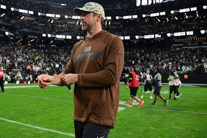 New York Jets quarterback Aaron Rodgers reacts following the loss against the Las Vegas Raiders at Allegiant Stadium.