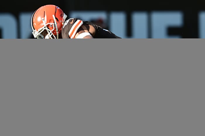 Nov 19, 2023; Cleveland, Ohio, USA; Cleveland Browns defensive end Myles Garrett (95) sacks Pittsburgh Steelers quarterback Kenny Pickett (8) during the first quarter at Cleveland Browns Stadium. Mandatory Credit: Ken Blaze-USA TODAY Sports