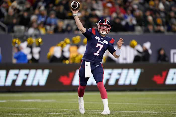 Nov 19, 2023; Hamilton, Ontario, CAN; Montreal Alouettes quarterback Cody Fajardo (7) throws against the Winnipeg Blue Bombers during the first quarter of the 110th Grey Cup game at Tim Hortons Field. Mandatory Credit: John E. Sokolowski-USA TODAY Sports