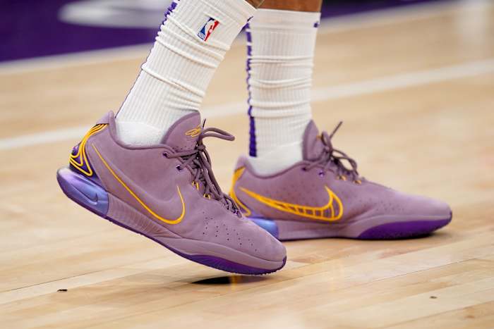 Los Angeles Lakers forward LeBron James' purple and gold Nike sneakers.