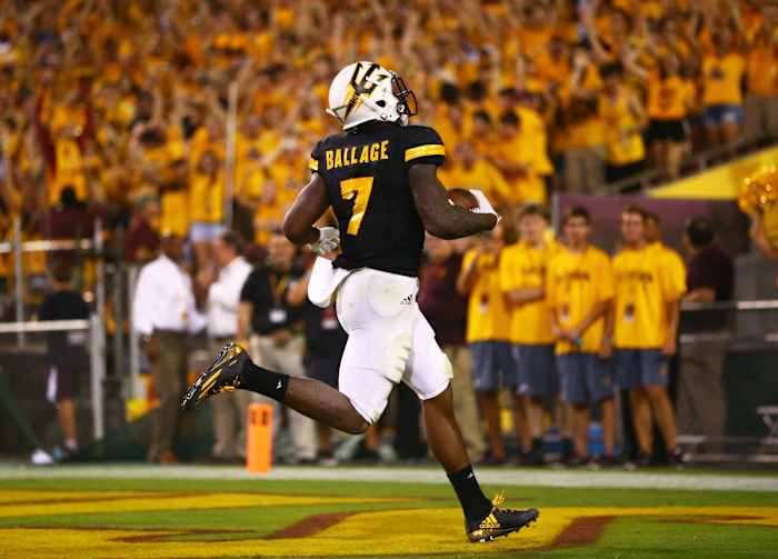 Sep 10, 2016; Tempe, AZ, USA; Arizona State Sun Devils running back Kalen Ballage (7) runs into the end zone to score a touchdown against the Texas Tech Red Raiders in the fourth quarter at Sun Devil Stadium. Mandatory Credit: Mark J. Rebilas-USA TODAY Sports
