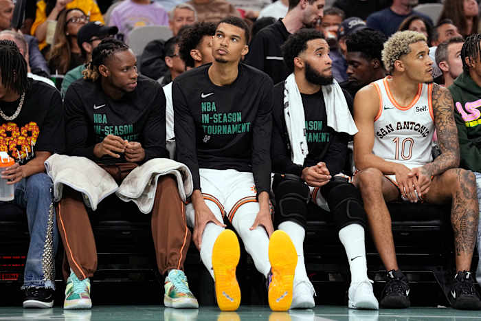 Nov 17, 2023; San Antonio, Texas, USA; San Antonio Spurs forward Victor Wembanyama (1) takes a break during the second half of the game against the Sacramento Kings at Frost Bank Center.