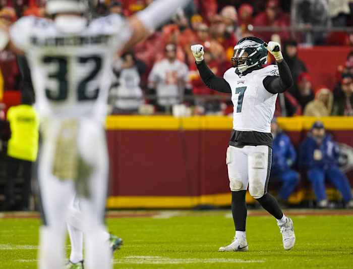 Philadelphia Eagles Reed Blankenship (left) and Haason Reddick celebrate the team's 21-17 win over the Kansas City Chiefs