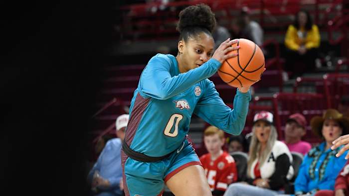 Razorbacks Tahlia Scott drives to the basket against UCA on Monday night
