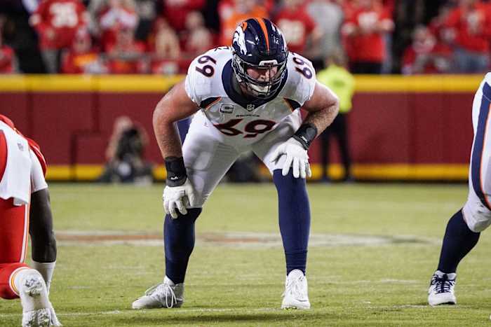 Denver Broncos offensive tackle Mike McGlinchey (69) lines up against the Kansas City Chiefs during the game at GEHA Field at Arrowhead Stadium.