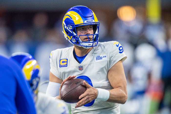 Los Angeles Rams quarterback Matthew Stafford wears the team's "Bone" white uniforms.