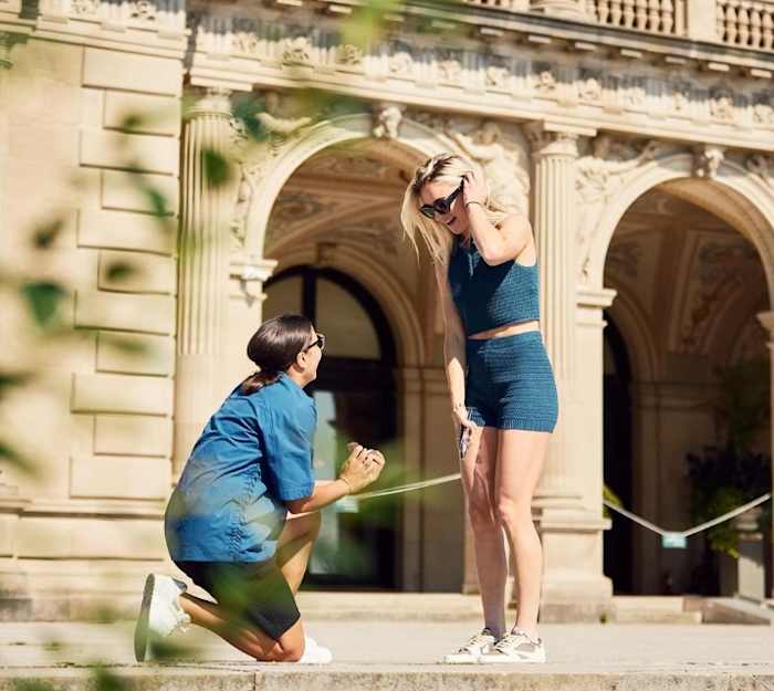 Sam Kerr pictured proposing to Kristie Mewis in September 2023