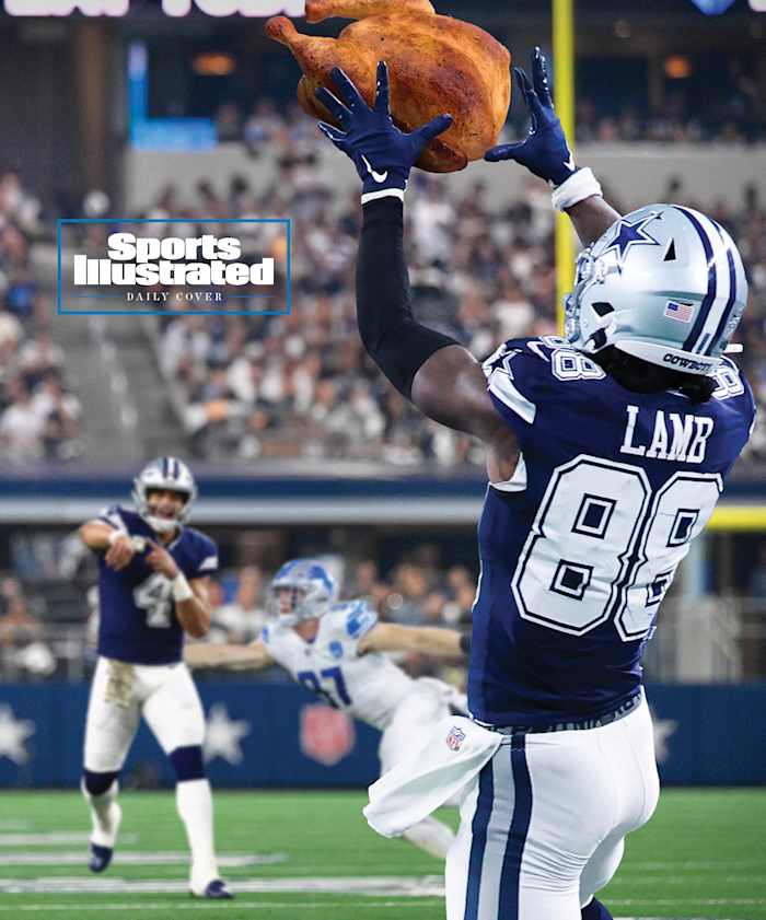 An illustration showing Dak Prescott throwing a turkey to CeeDee Lamb, with Lions players in the background.