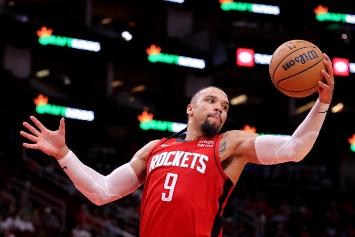 Rockets forward Dillon Brooks (9) rebounds against the Sacramento Kings during the third quarter at Toyota Center.