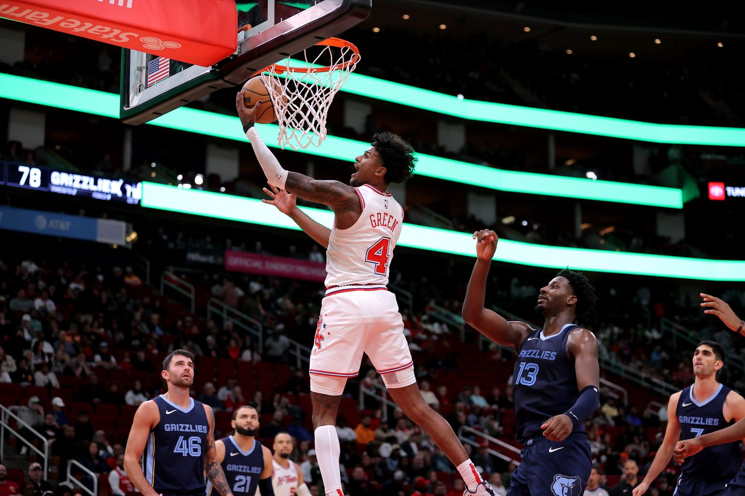 Rockets guard Jalen Green shoots against the Memphis Grizzlies during the fourth quarter at Toyota Center.