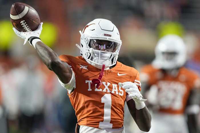 Texas Longhorns wide receiver Xavier Worthy (1) warms up before the game against Texas Tech at Darrell K Royal Texas Memorial Stadium on Friday, Nov. 24, 2023